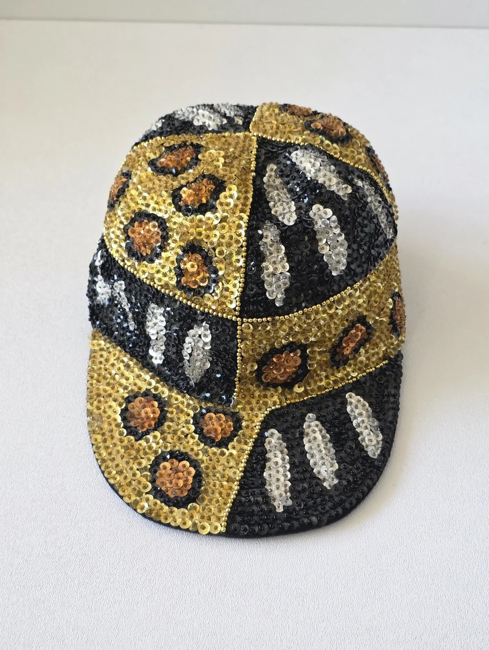 Y2K Sequin Leopard Print Hat Gold Black Mob Wife McBling Glam Statement Cap Vtg - Picture 4 of 16
